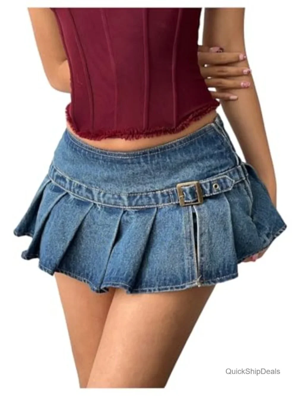 Y2K Low Rise Pleated Mini Denim Skirt with Buckle Belt
